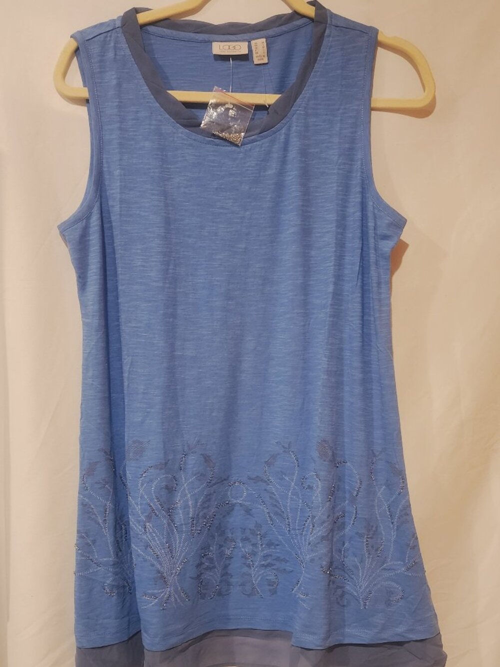 LOGO by Lori Goldstein 100% Cotton Blue Sequin Floral Sleeveless Tunic Tank M - Picture 4 of 7